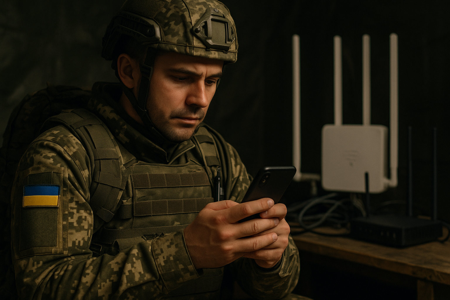 Український військовослужбовець з смартфоном аналізує Wi-Fi мережі на полі бою
