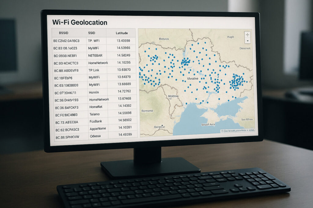 Екран комп'ютера з інтерфейсом геолокації через BSSID та Wi-Fi мережі