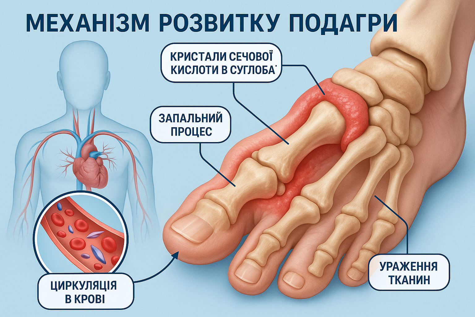 Медична інфографіка механізму розвитку подагри з кристалами сечової кислоти
