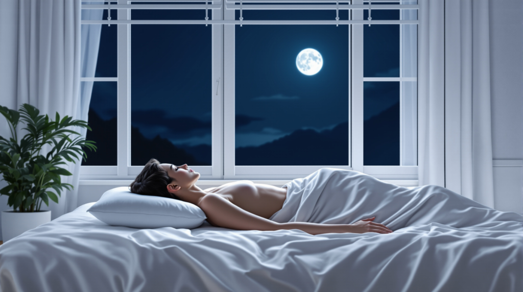 Спокійна спальня вночі, людина спить на спині у правильній позиції без подушки, м'яке місячне світло через вікно