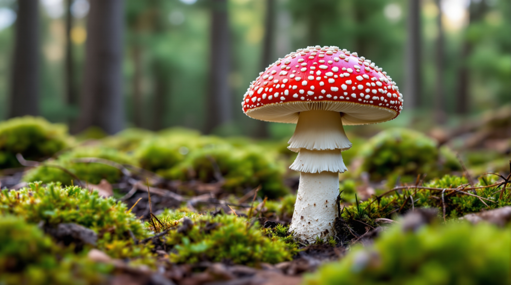 Червоний мухомор із білими плямами в природному лісовому середовищі, оточений мохом та соснами