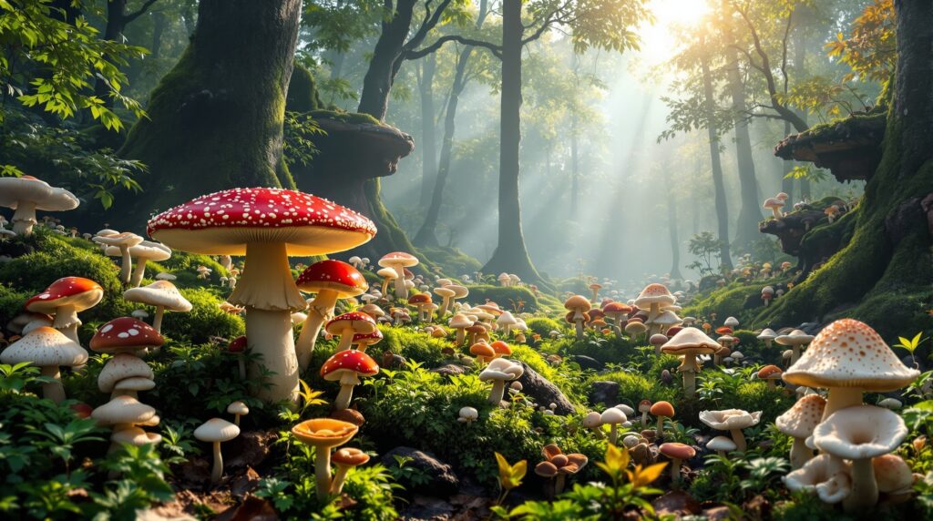 Багата екосистема лісових грибів з мухоморами та іншими видами що демонструє різноманітність та важливість царства грибів для природи