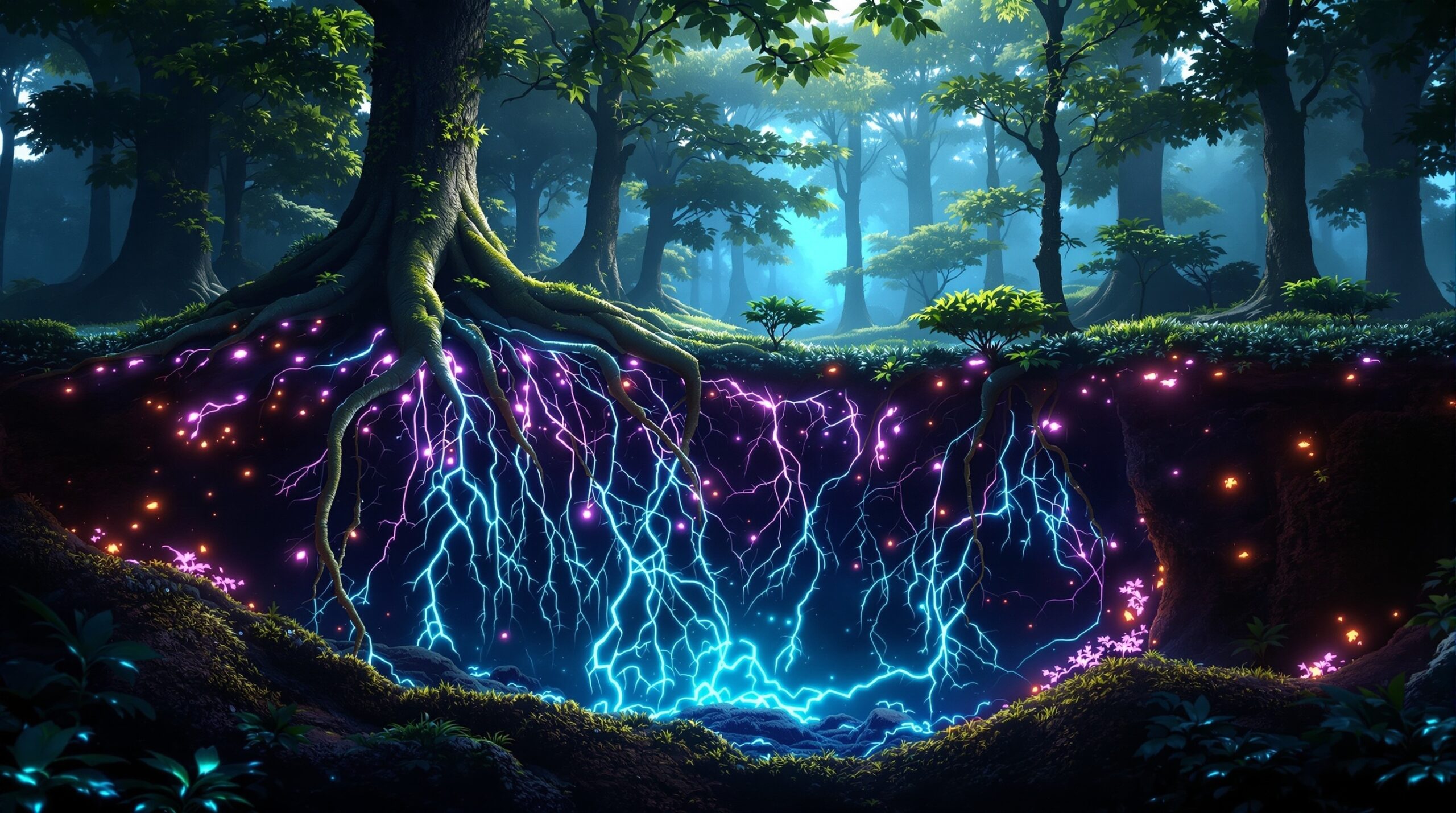 Візуалізація підземної мережі міцелію що демонструє як гриби з'єднують дерева в єдину комунікаційну систему лісу