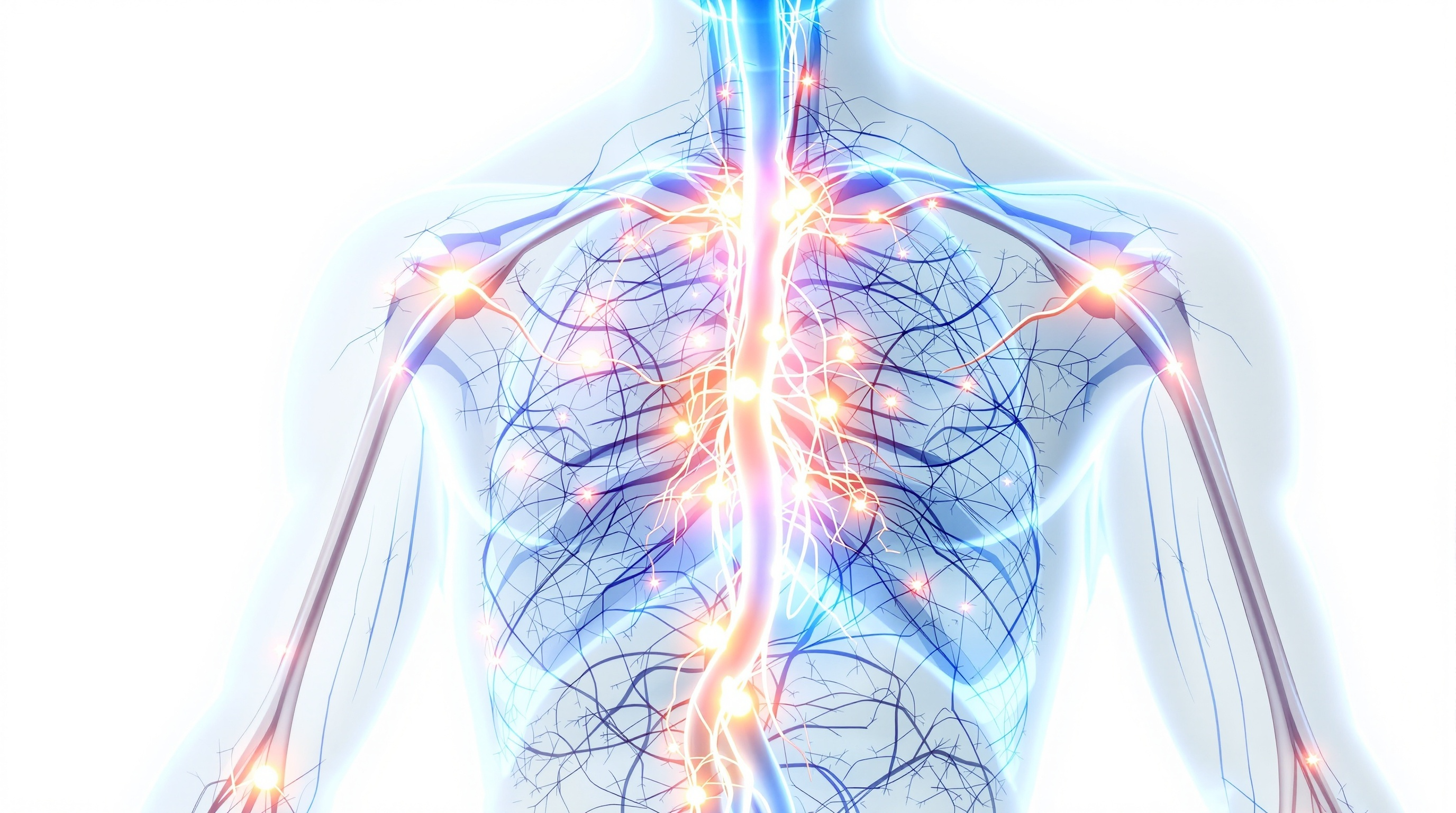 Анатомія лімфатичної системи людини з виділеними лімфовузлами та судинами для розуміння роботи лімфи