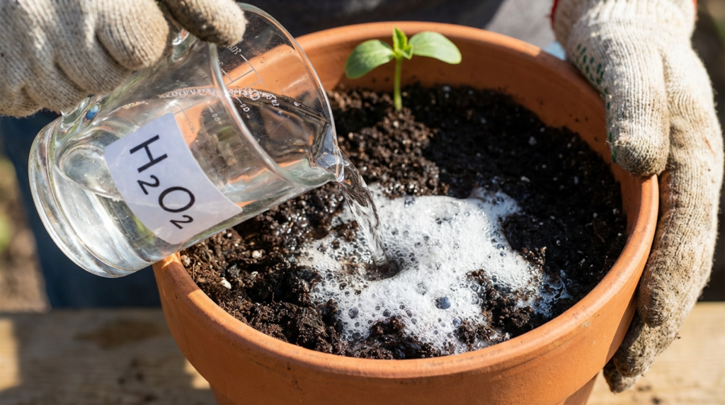 Обробка ґрунту розчином перекису водню: руки в садових рукавичках виливають розчин на поверхню землі, утворюються білі піняві бульбашки (реакція виділення кисню)