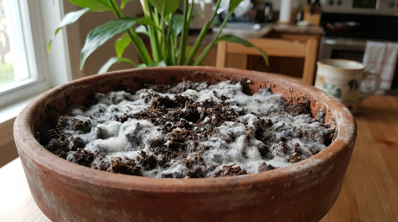 Білий пухнастий наліт плісняви на поверхні ґрунту в теракотовому горщику з кімнатною рослиною