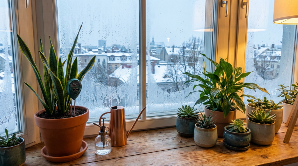 Здорові кімнатні рослини на підвіконні взимку