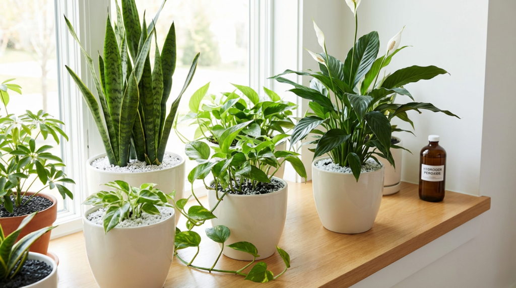 Здорові кімнатні рослини на світлому підвіконні з чистою поверхнею ґрунту без плісняви, присипаною перлітом, після успішної обробки перекисом водню
