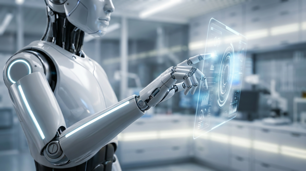 Гуманоїдний робот із точними механічними пальцями у футуристичній лабораторії