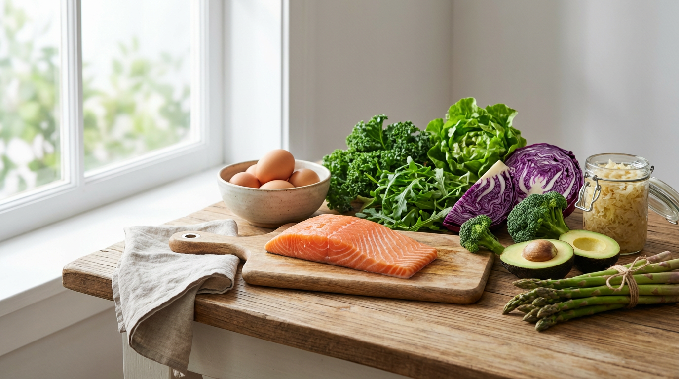 Композиція здорових продуктів харчування: свіжий лосось, органічні яйця, листова зелень, авокадо, броколі, спаржа та квашена капуста на дерев'яному столі