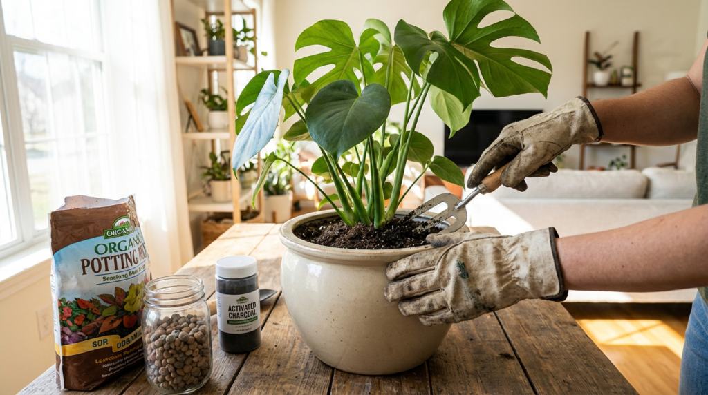 Руки в садових рукавичках розпушують ґрунт у горщику з кімнатною рослиною