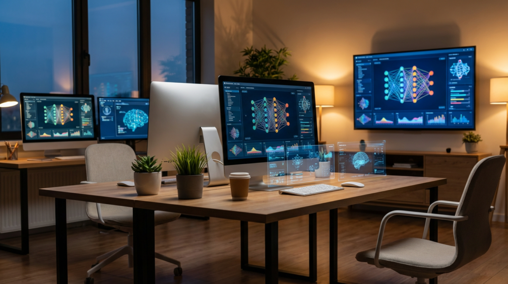 Сучасна AI-студія з нейронними мережами та голографічними інтерфейсами