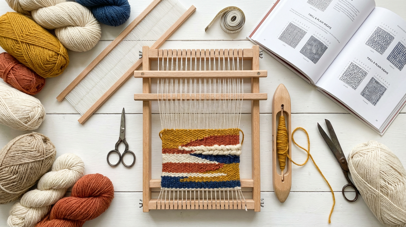 Композиція зверху: малий ткацький верстат з частково завершеним різнокольоровим тканим виробом, оточений ткацькими приладдям — мотки пряжі різних кольорів (натуральна вовна, бавовна), човник, берда, ремізки, ножиці, вимірювальна стрічка, відкрита книга з ткацькими схемами. Розташовано на білому дерев'яному столі, природне денне світло, вид зверху.