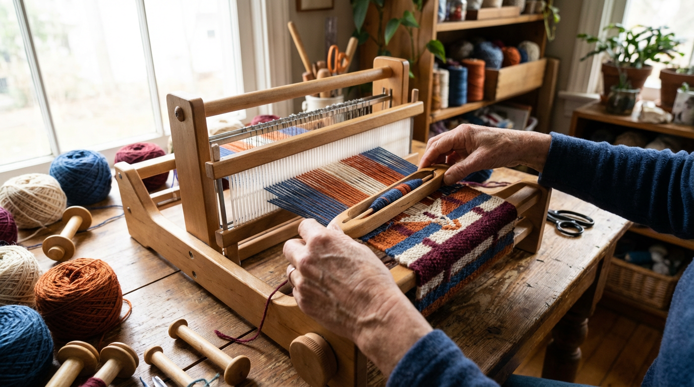 Руки ткають на малому верстаті з різнокольоровими нитками, клубки пряжі поруч, природне освітлення.