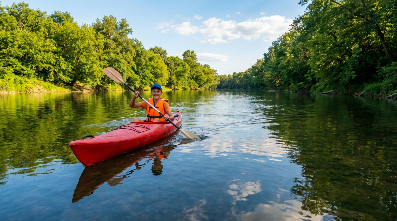 Підліток пливе на байдарці