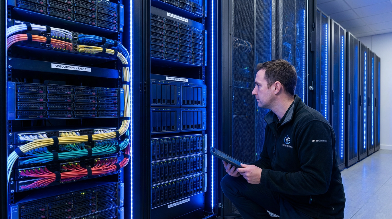 Серверна стійка з жорсткими дисками та NAS-пристроями, IT-технік перевіряє систему зберігання, синє LED-освітлення.