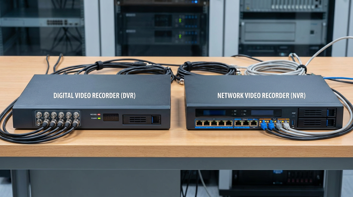 Два відеореєстратори поруч: зліва DVR з коаксіальними кабелями, справа NVR з ethernet-портами та PoE, індикатори та дисплеї.