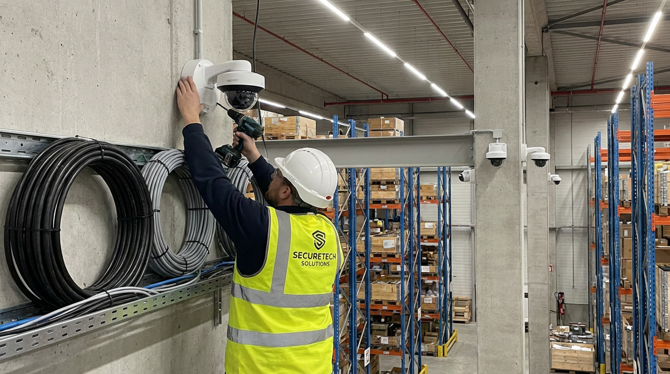 Технік встановлює камеру відеоспостереження на стіні складу, видно IP-камери під різними кутами, кабельна розводка.