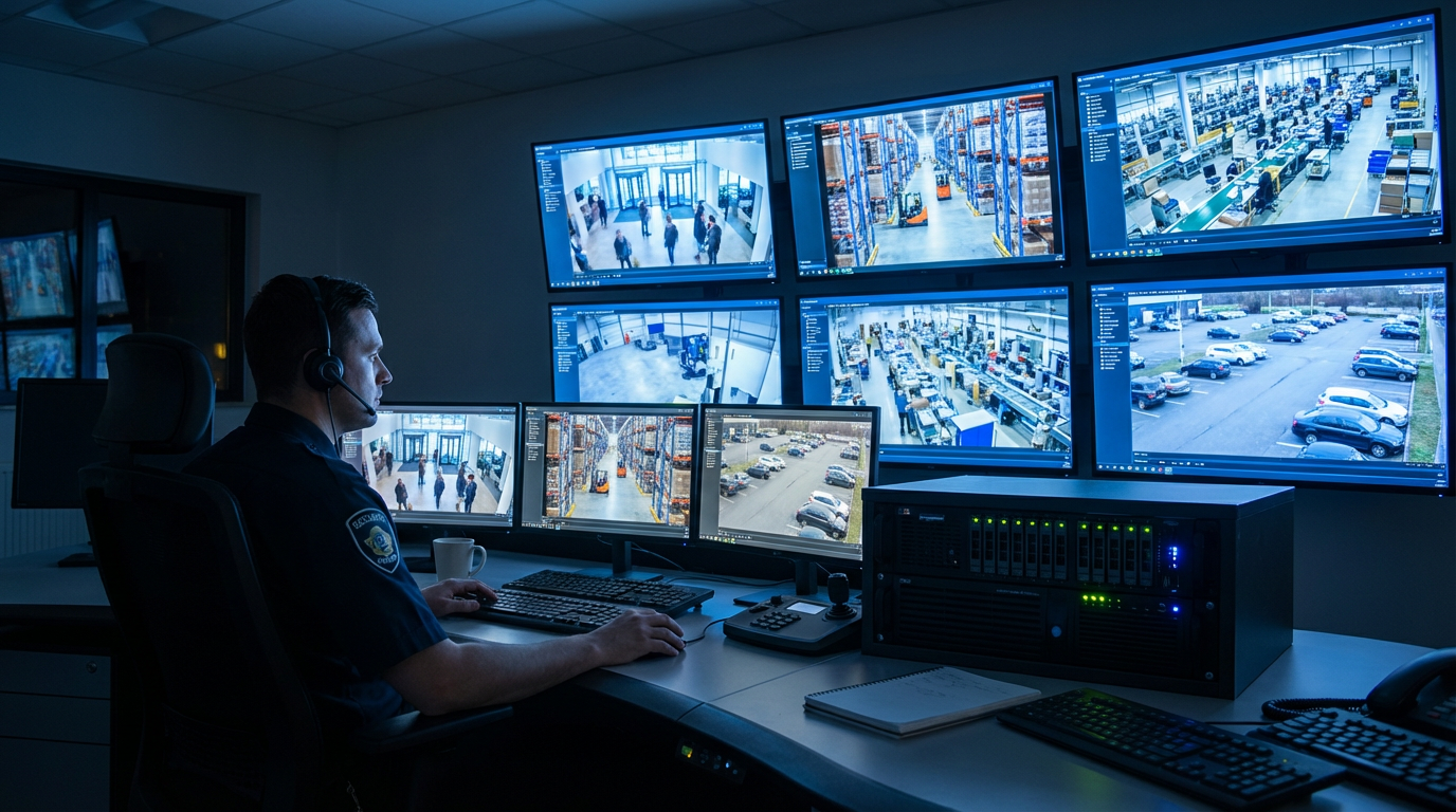Охоронець за робочим столом з кількома моніторами, що показують прямі трансляції з камер різних зон підприємства.