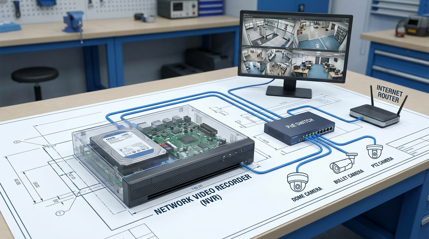 NVR-пристрій у центрі підключений до IP-камер через мережевий комутатор, монітор показує зображення з камер, видно жорсткий диск.