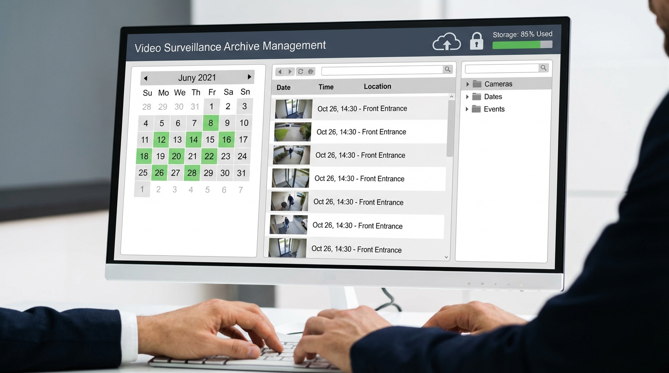 Екран комп'ютера з програмою управління відеоархівом, календар записів, структура папок, іконки шифрування та хмарного резервування.